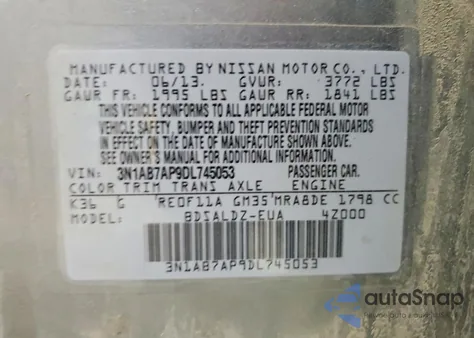 2013 Nissan Sentra S z USA, uszkodzony, nr VIN 3N1AB7AP9DL745053